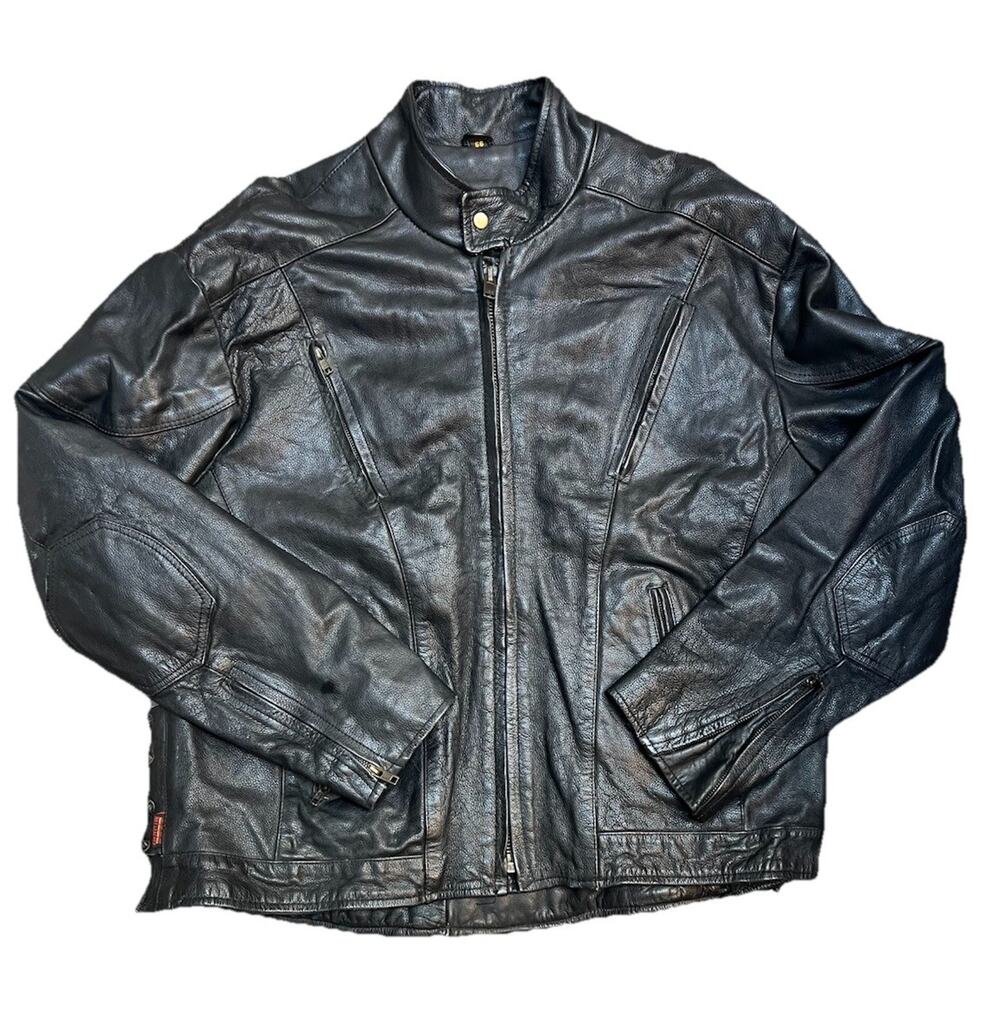 Mens Black Leather Jacket Moto Biker Zip Up Sz. 56 XL XXL Heavy Leather *flaw